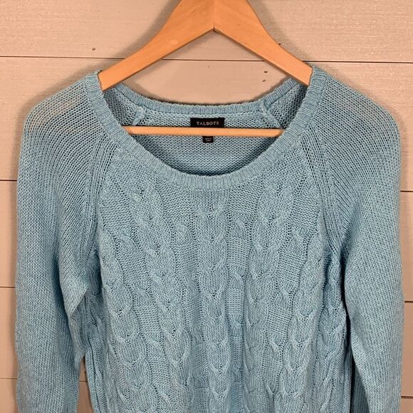 Talbots light blue cable knit linen cotton blend sweater size medium spring - Picture 2 of 9